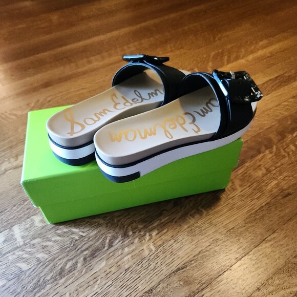 Sam Edelman Black Sandal Slide Ariane Marble Buckle Leather Platform Size 6.5 - Picture 12 of 16